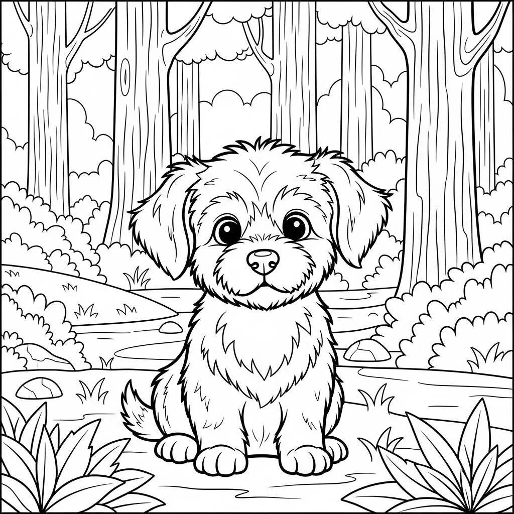 Desenho de Cachorrinho na Floresta para Colorir