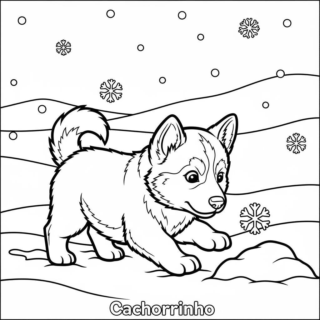 Desenho de Cachorrinho na Neve para Colorir