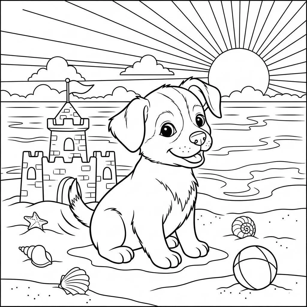Desenho de Cachorrinho na Praia para Colorir