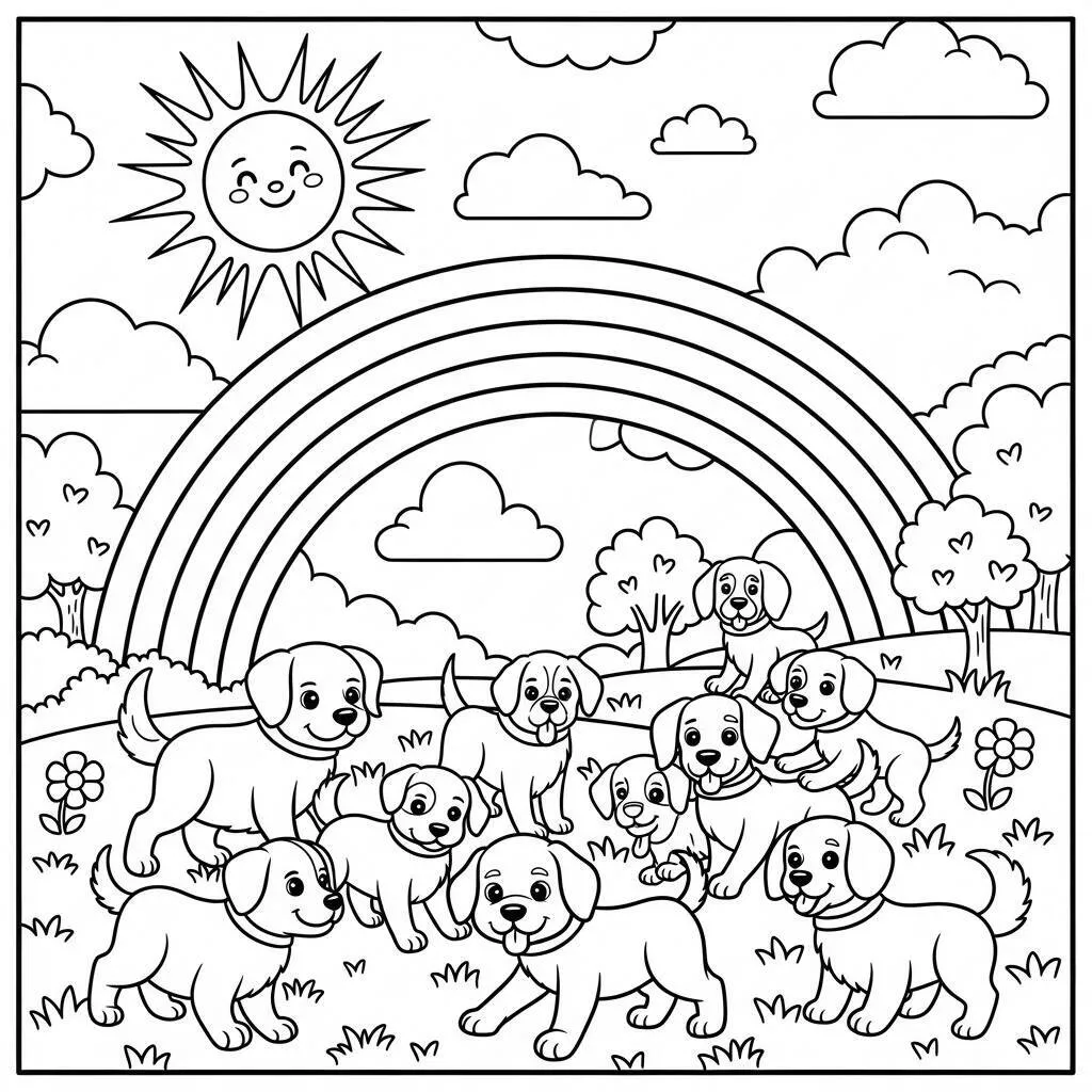 Desenho de Cachorros e Arco-íris para Colorir