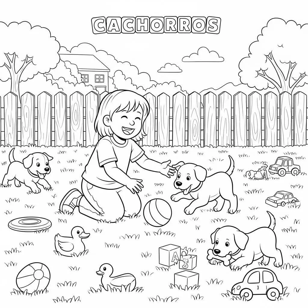 Desenho de Cachorros e Crianças para Colorir