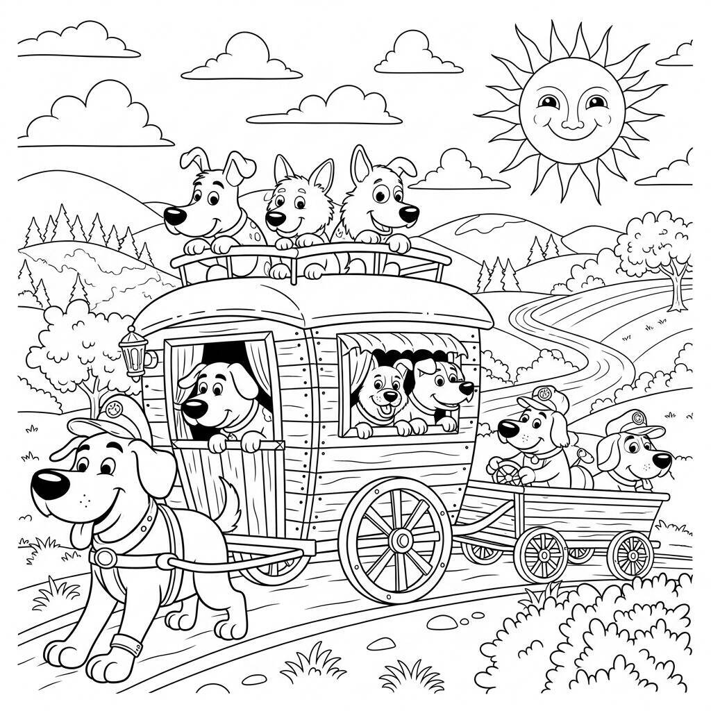 Ausmalbilder „Hunde und Reisen“.