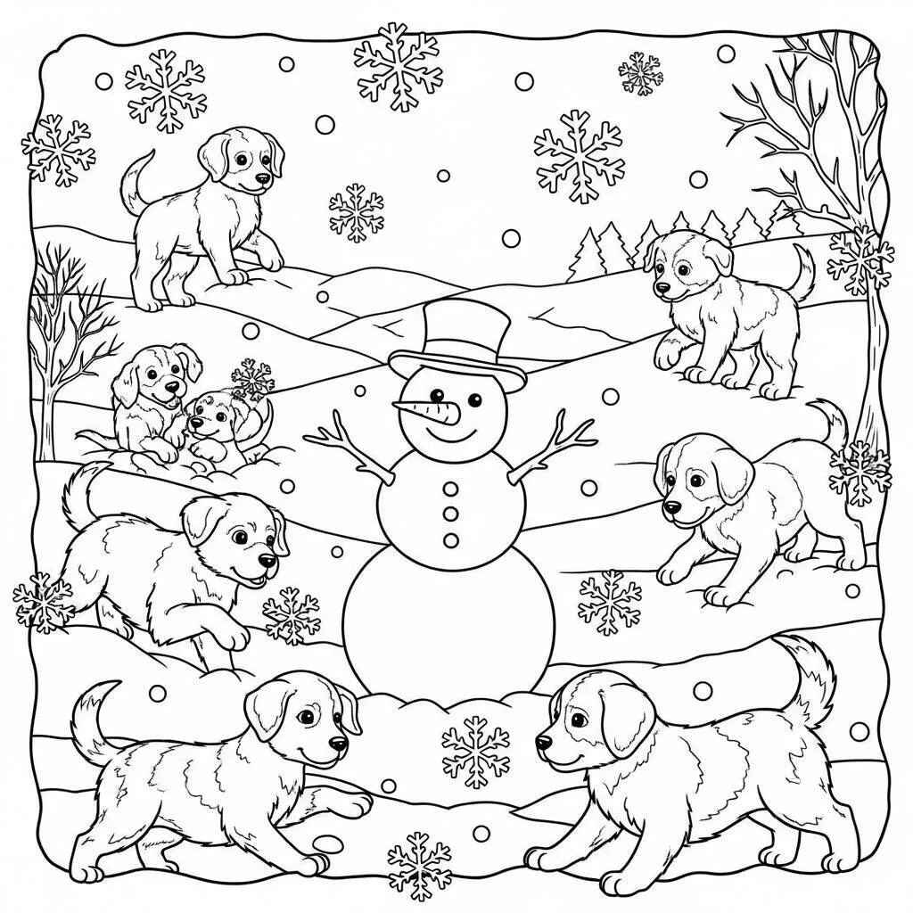 Desenho de Cachorros na Neve para Colorir
