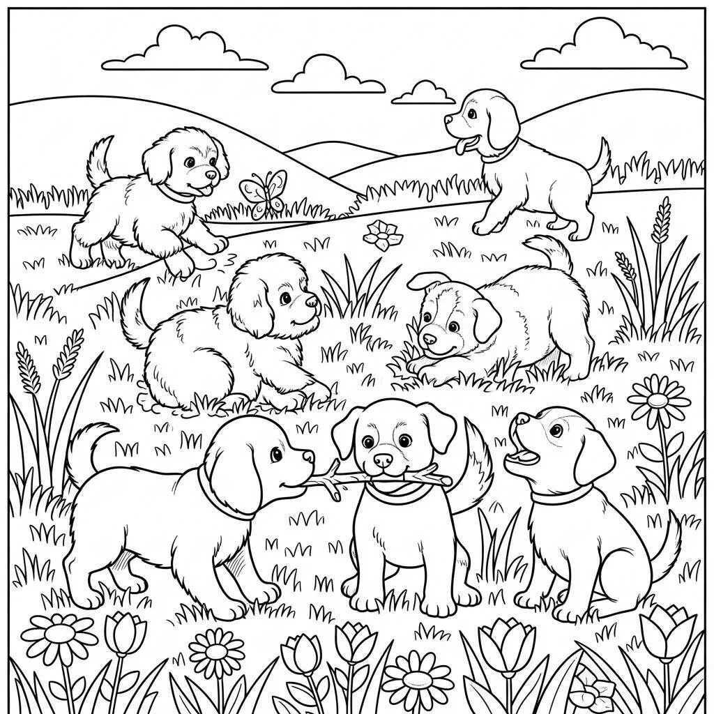 Desenho de Cães Brincando para Colorir