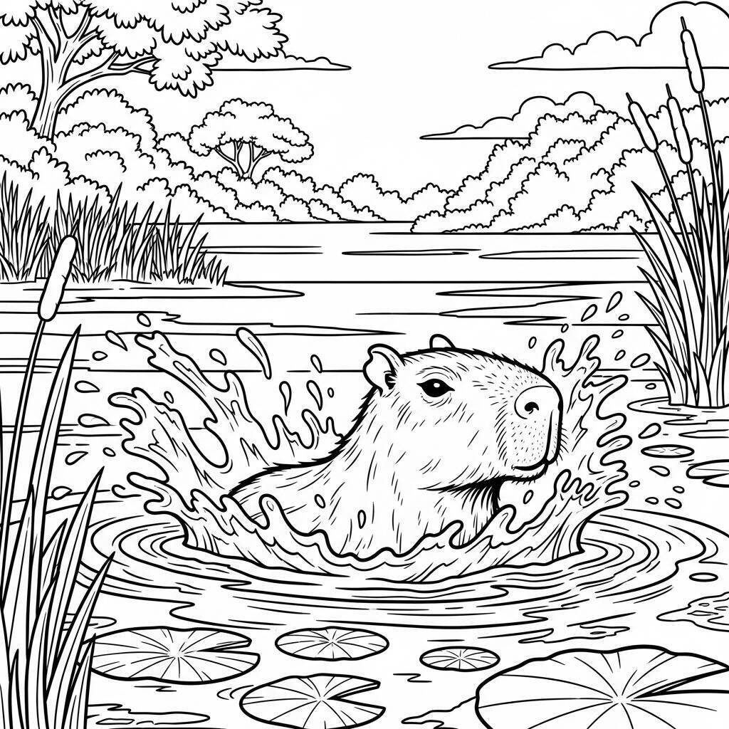 Coloriage Capybara jouant dans l’eau