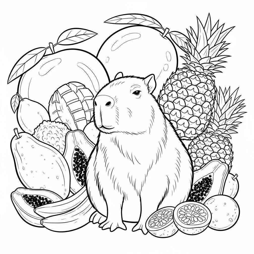 Desenho de Capivara com Frutas para Colorir