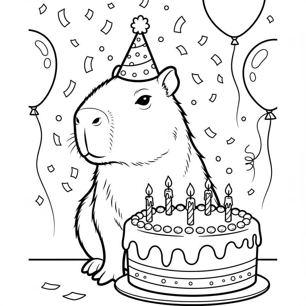 Coloriage Capybara avec un gâteau d'anniversaire