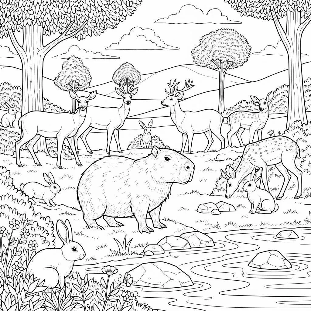 Desenho-de-Capivara-e-Animais-Silvestres-para-Colorir Dibujo de Carpincho y animales salvajes para colorear