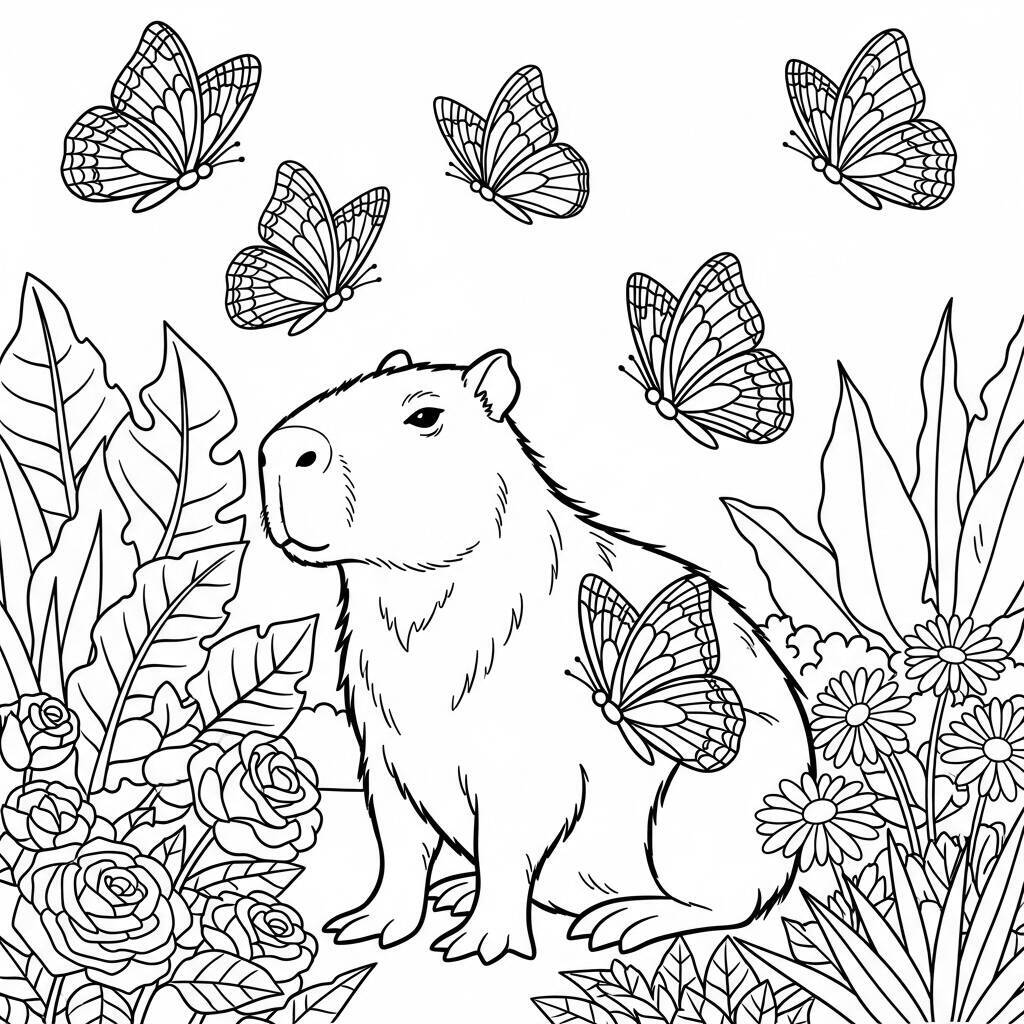 Coloriage Capybara et papillons