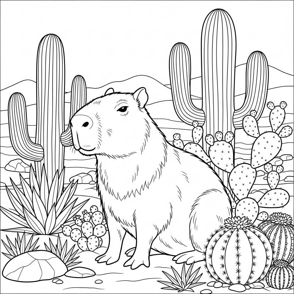 Coloriage Capybara et Cactus