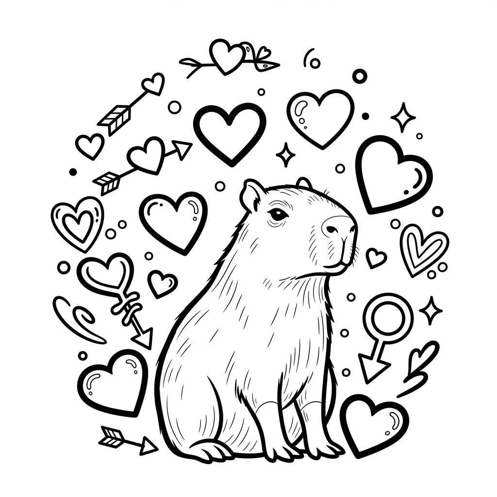 Desenho de Capivara e Corações para Colorir