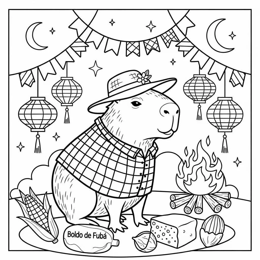 Desenho de Capivara e Festa Junina para Colorir