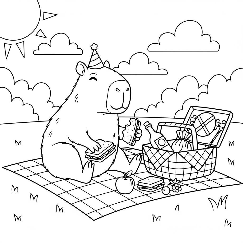 Coloriage Capybara et pique-nique