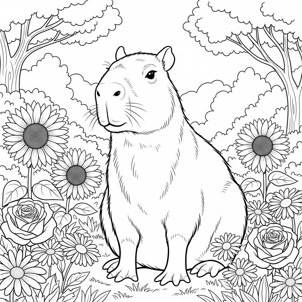 Coloriage Capybara et fleurs