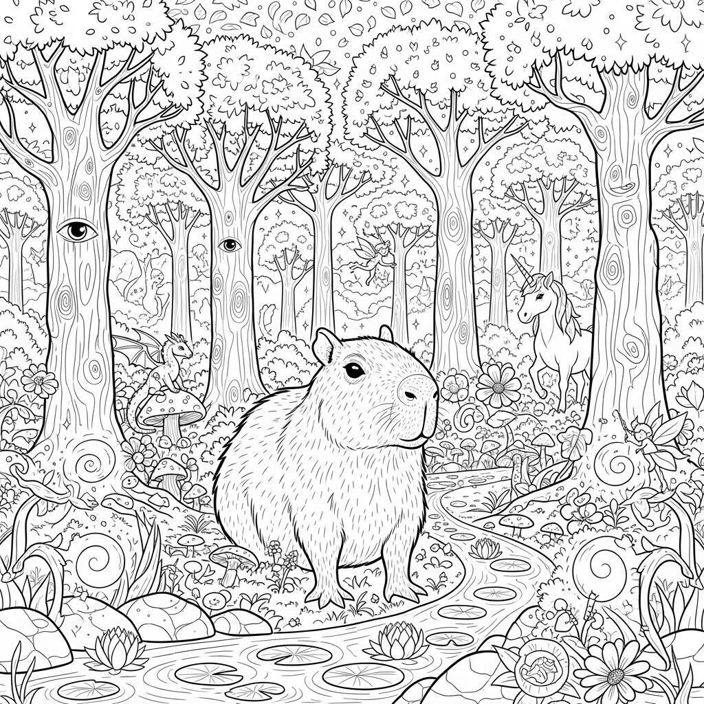 Coloriage Capybara et la forêt enchantée