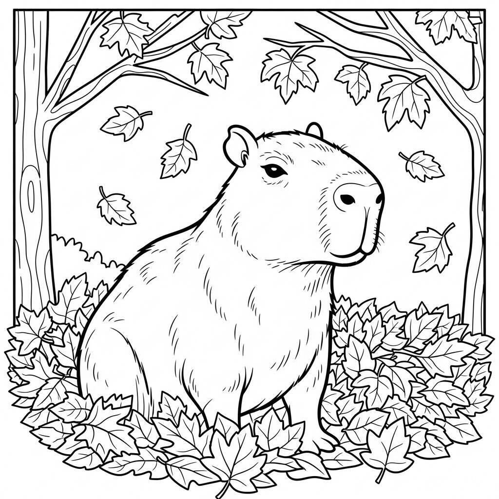 Coloriage Capybara et feuilles d'automne