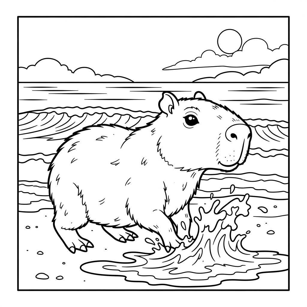 Coloriage Capybara et vague de mer