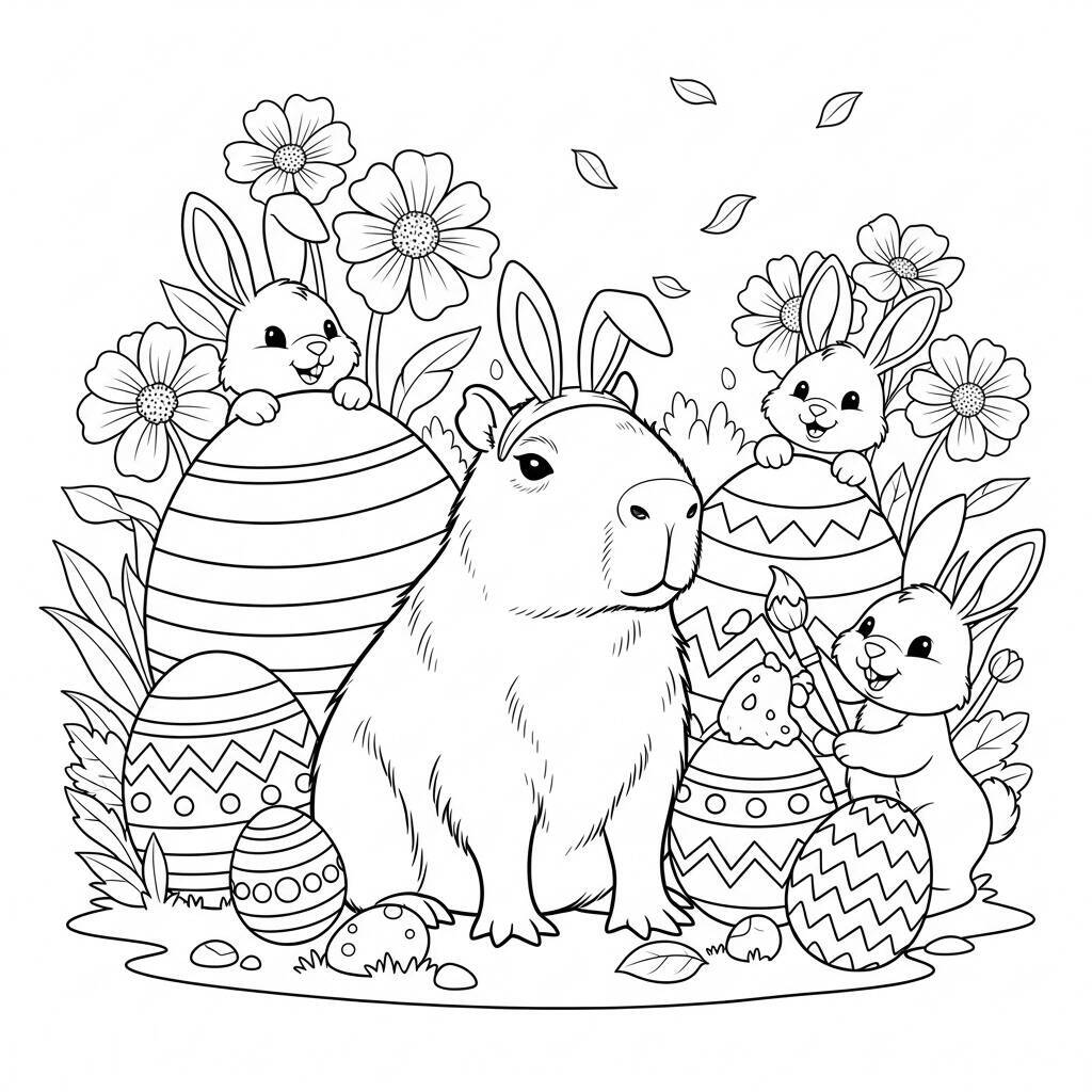 Coloriage Capybara et Pâques