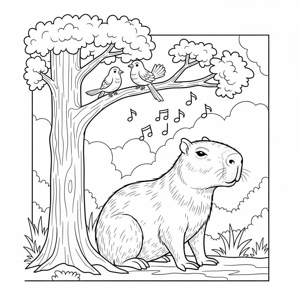 Coloriage Capybara et Symphonie des oiseaux