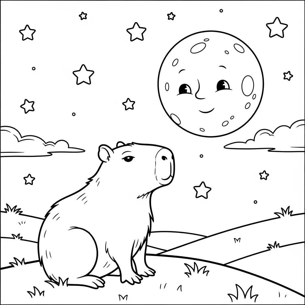 Desenho de Capivara e a Lua para Colorir