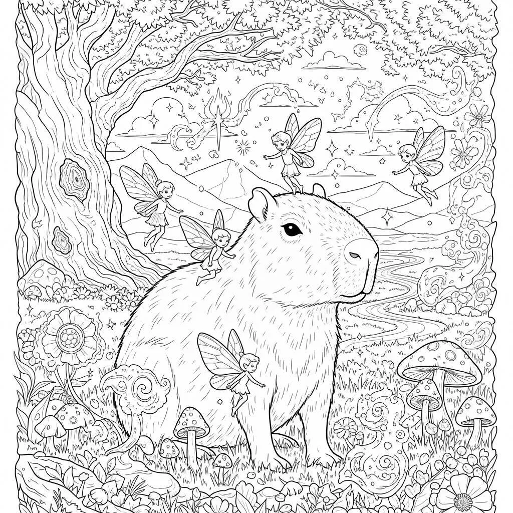 Desenho de Capivara e o Mundo das Fadas para Colorir