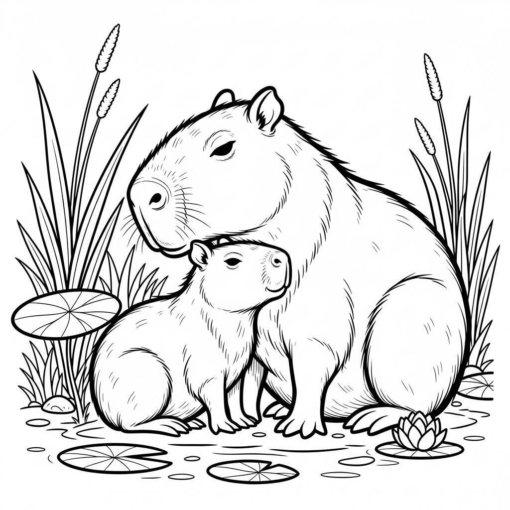 Coloriage Capybara et son bébé