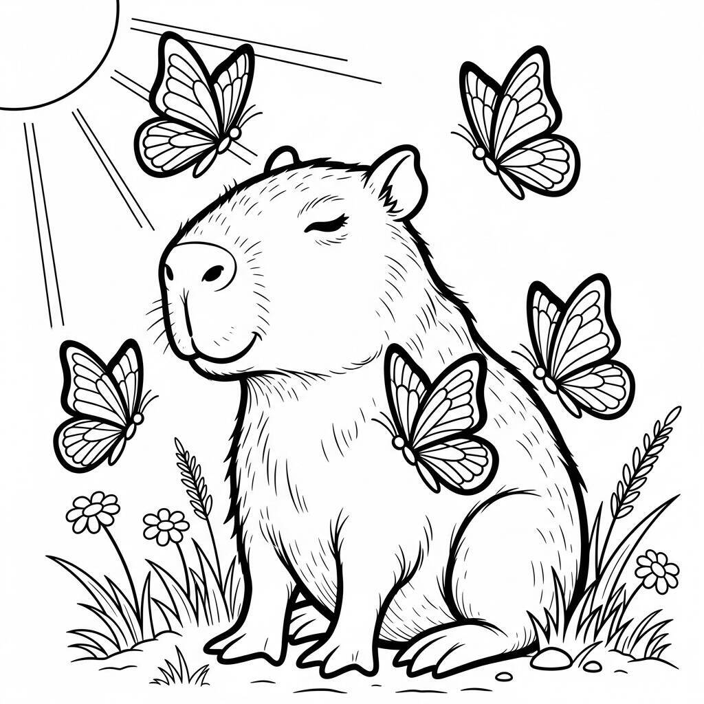 Coloriage Capybara lors d’une journée ensoleillée