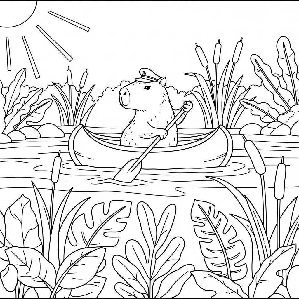 Desenho-de-Capivara-em-uma-Canoa-para-Colorir Carpincho en una canoa Página para colorear