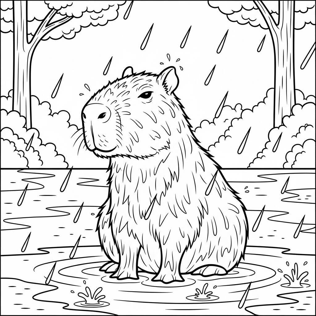 Coloriage Capybara sous la pluie