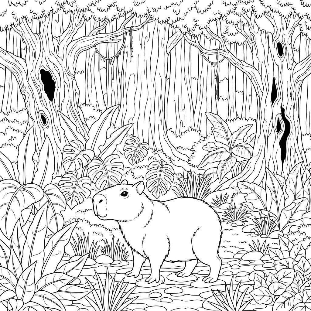 Coloriage Capybara dans la forêt