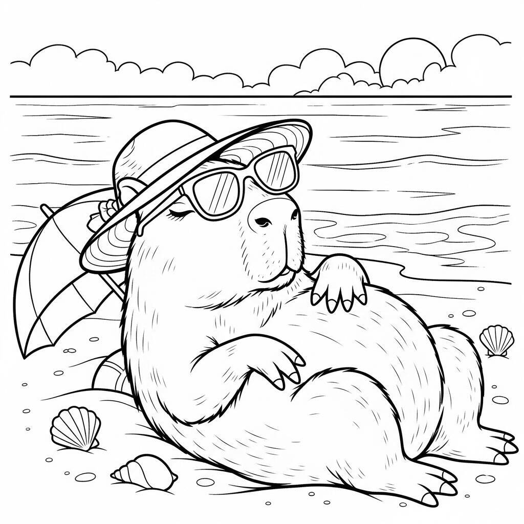 Coloriage Capybara sur la plage