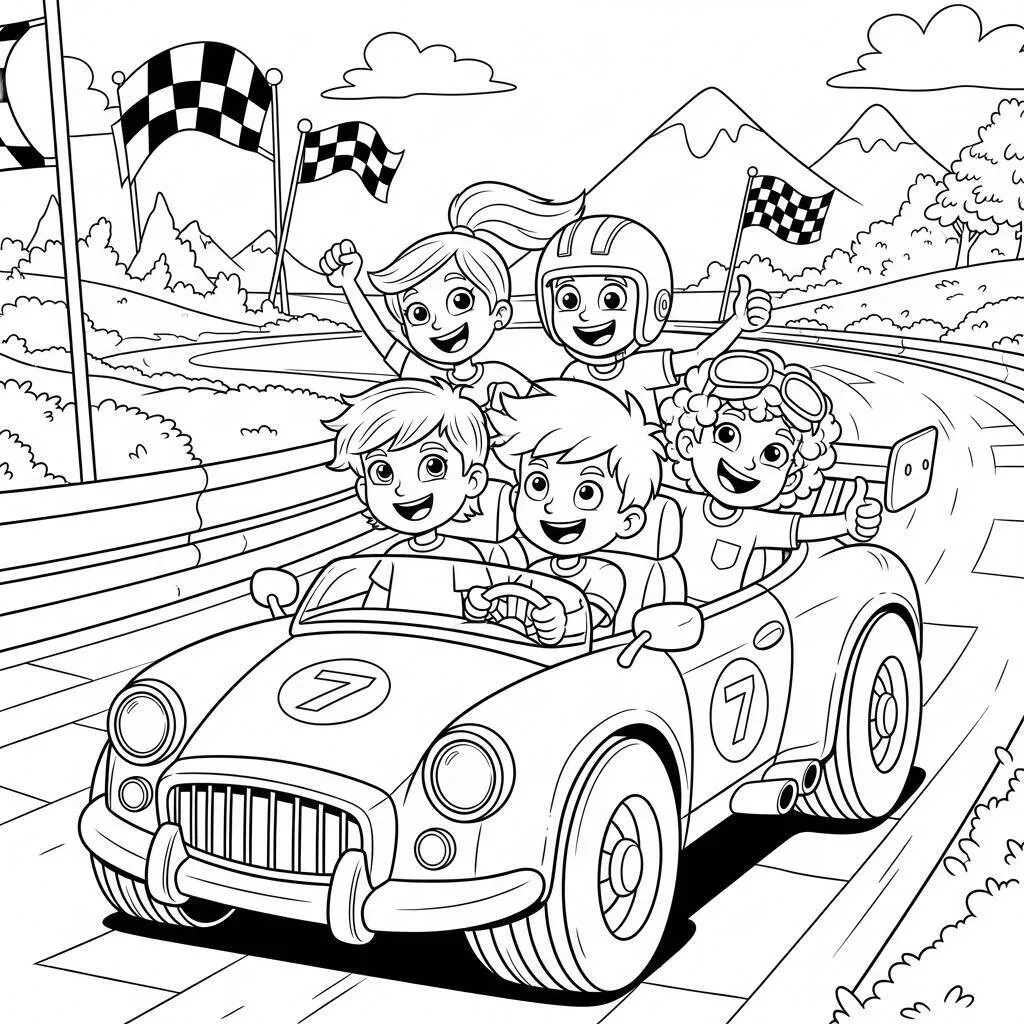 Desenho de Carro de Corrida com Amigos para Colorir