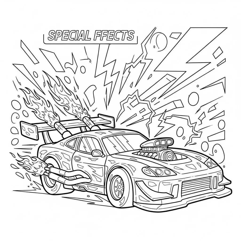 Desenho de Carro de Corrida com Efeitos Especiais para Colorir