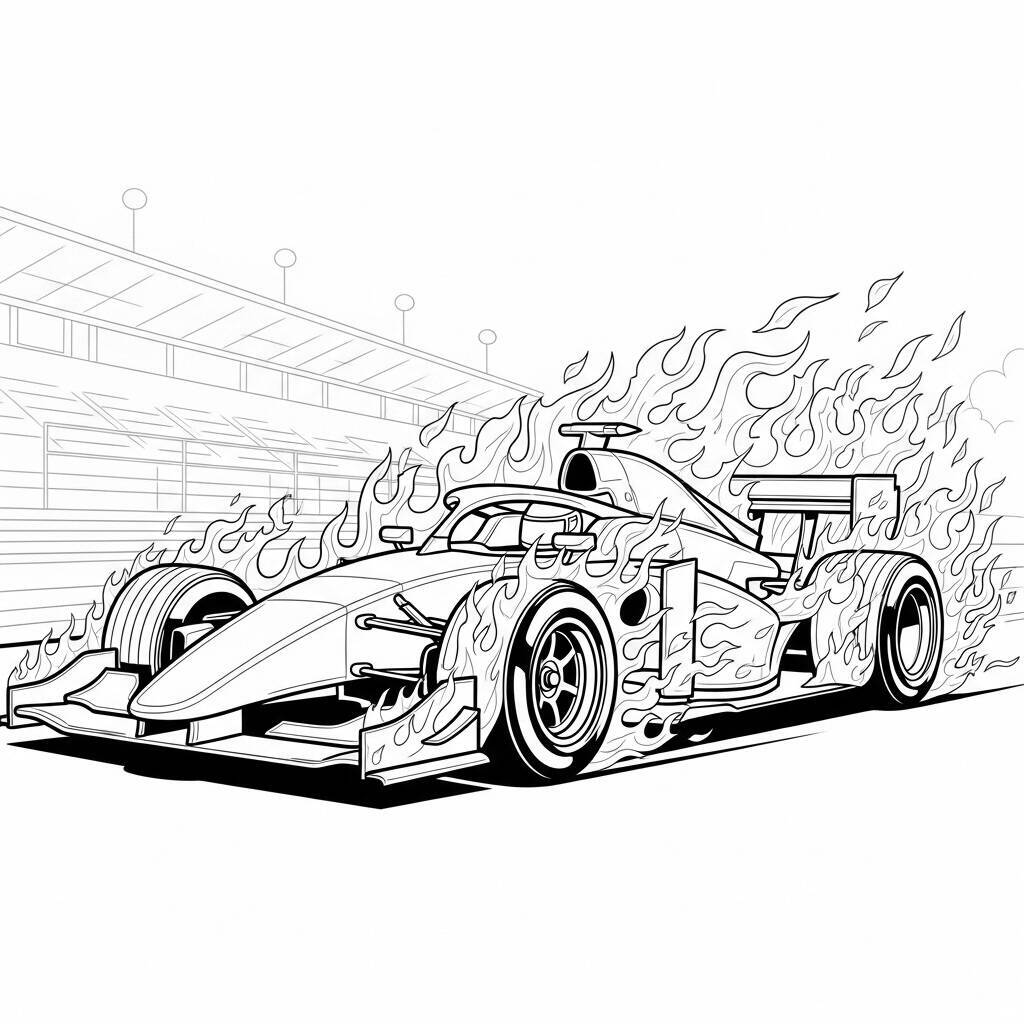 Desenho de Carro de Corrida com Flamas para Colorir