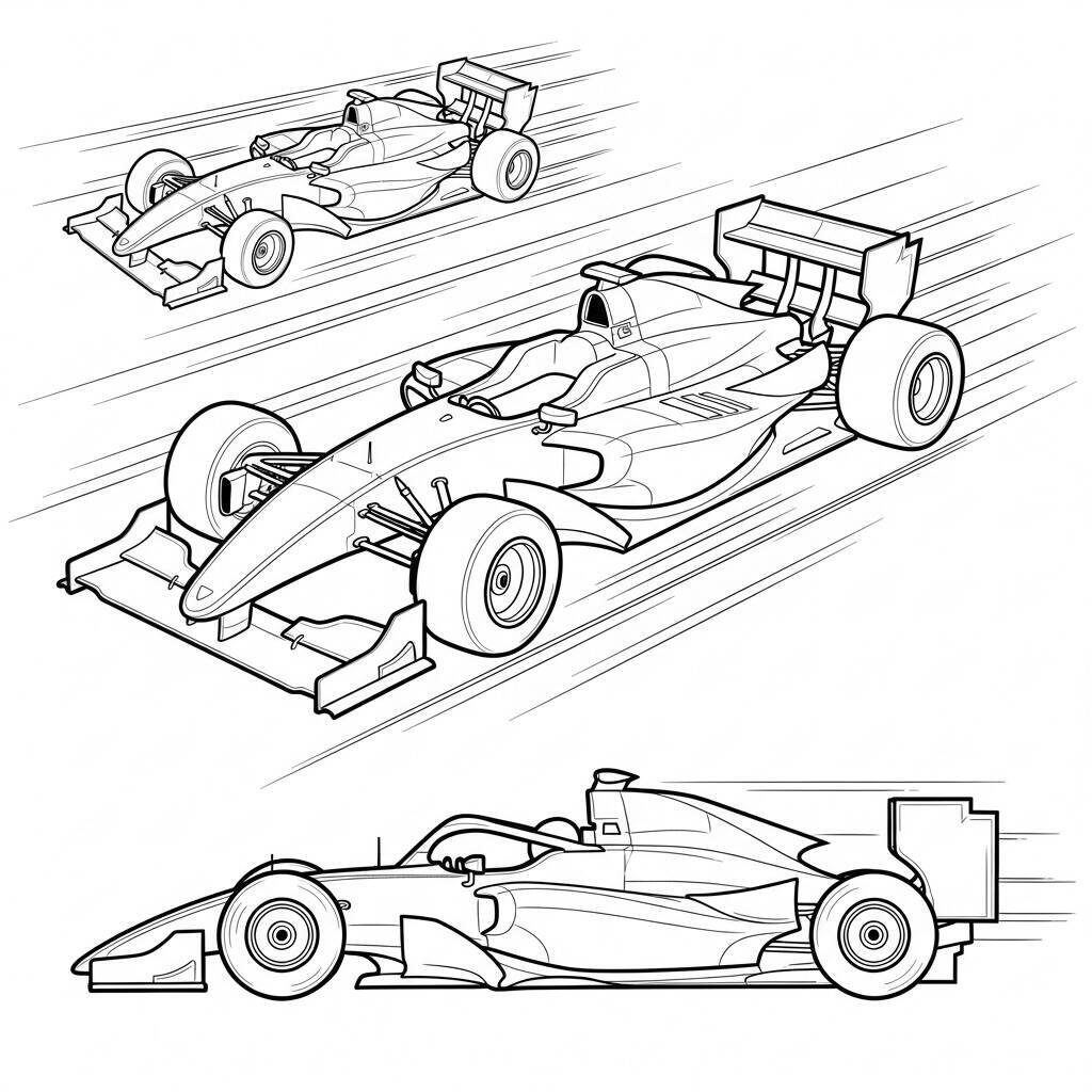 Desenho de Carro de Corrida com Vistas Diferentes para Colorir