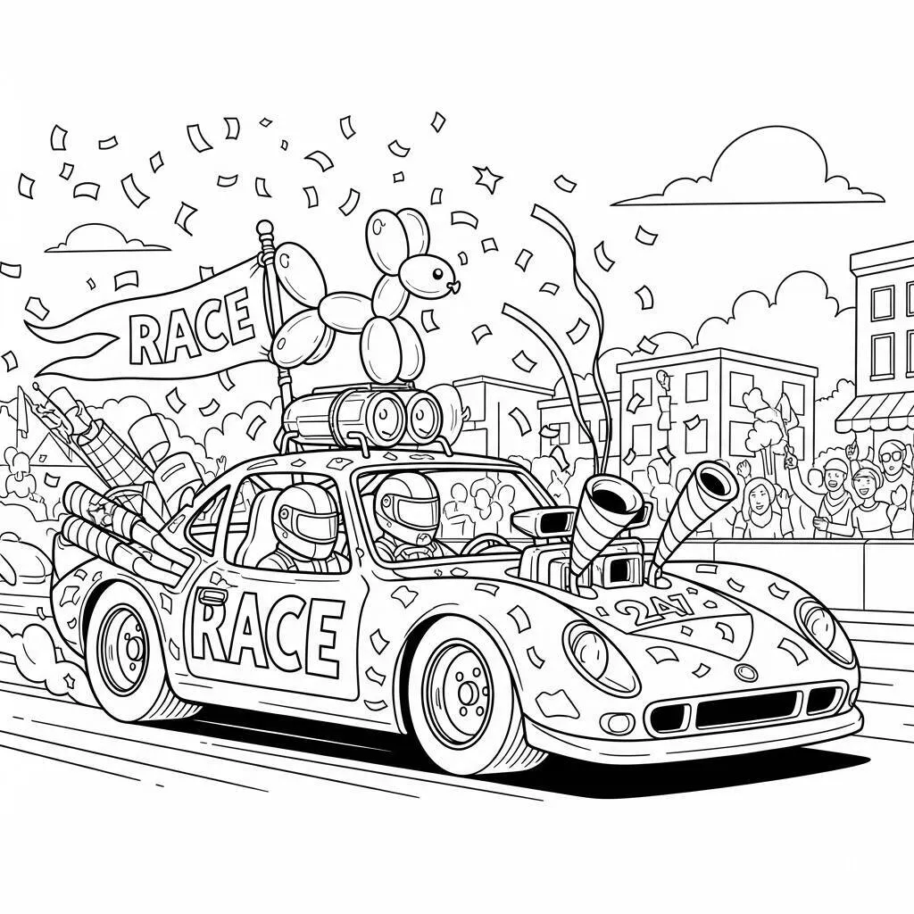 Desenho de Carro de Corrida em um Desfile para Colorir