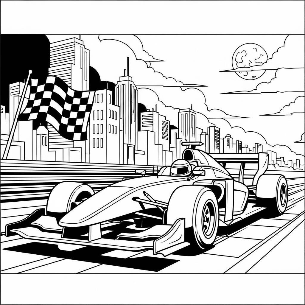 Desenho de Carro de Corrida em uma Corrida Noturna para Colorir