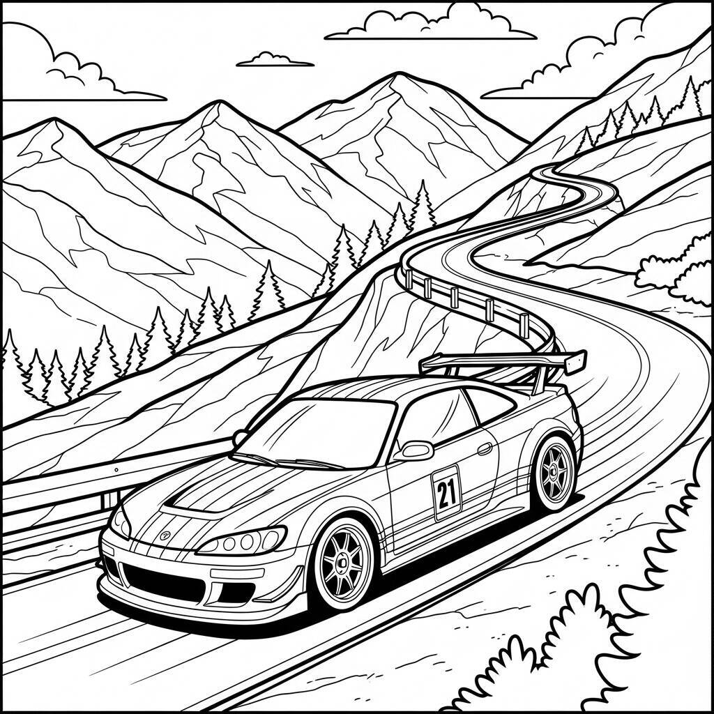 Desenho de Carro de Corrida em uma Estrada Montanhosa para Colorir