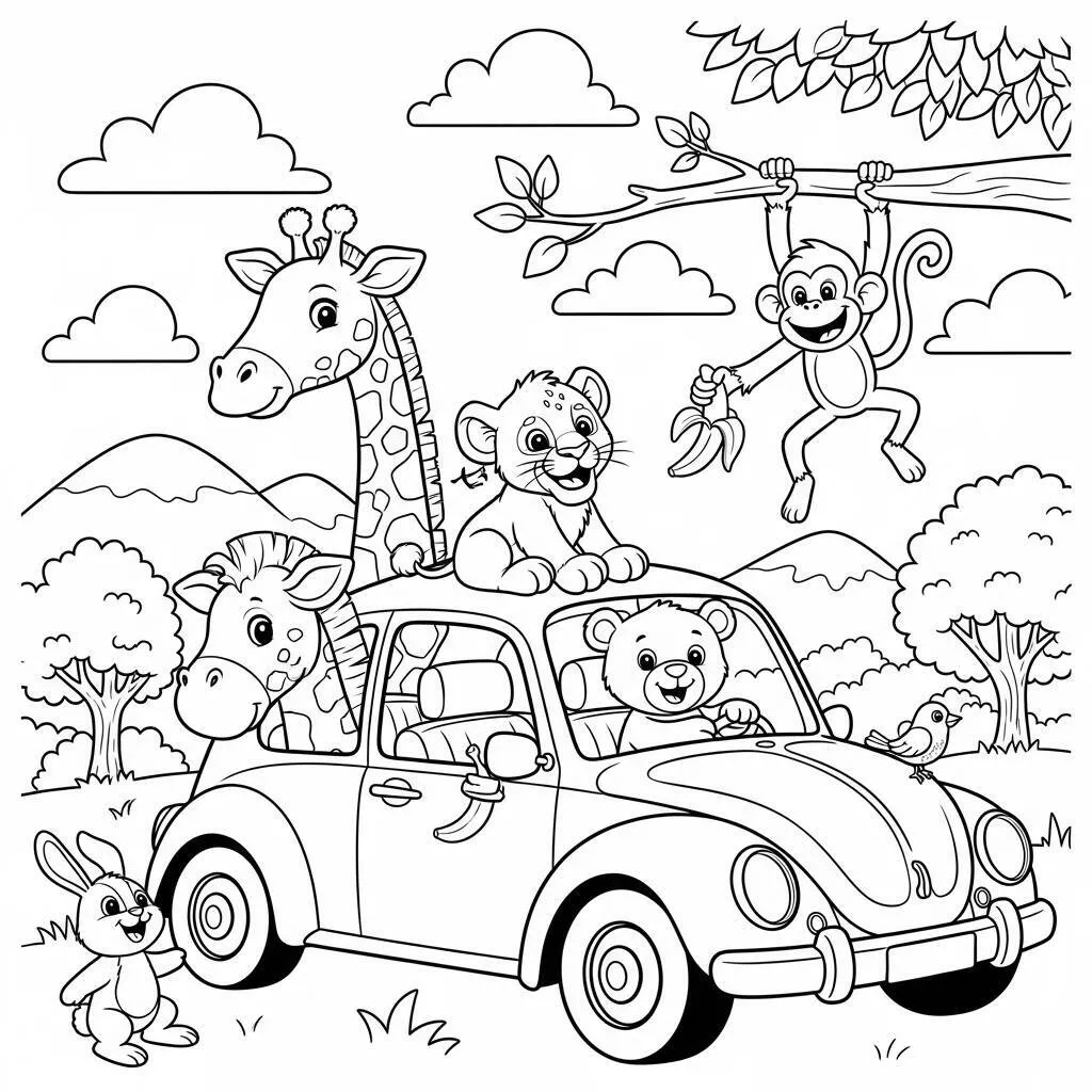 Desenho de Carro e Animais para Colorir