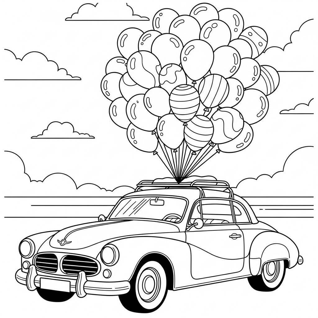 Malvorlage „Auto und Luftballons“.