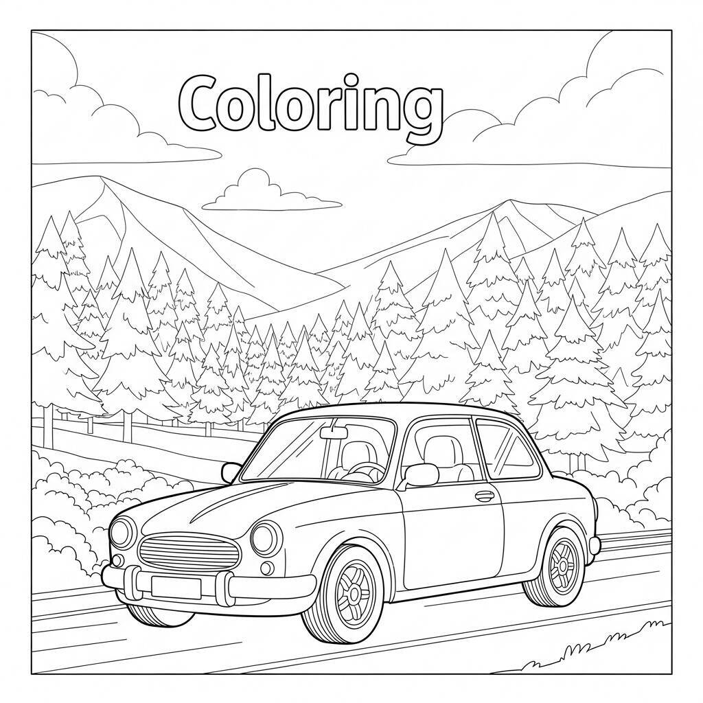 Ausmalbilder „Auto und Wald“.