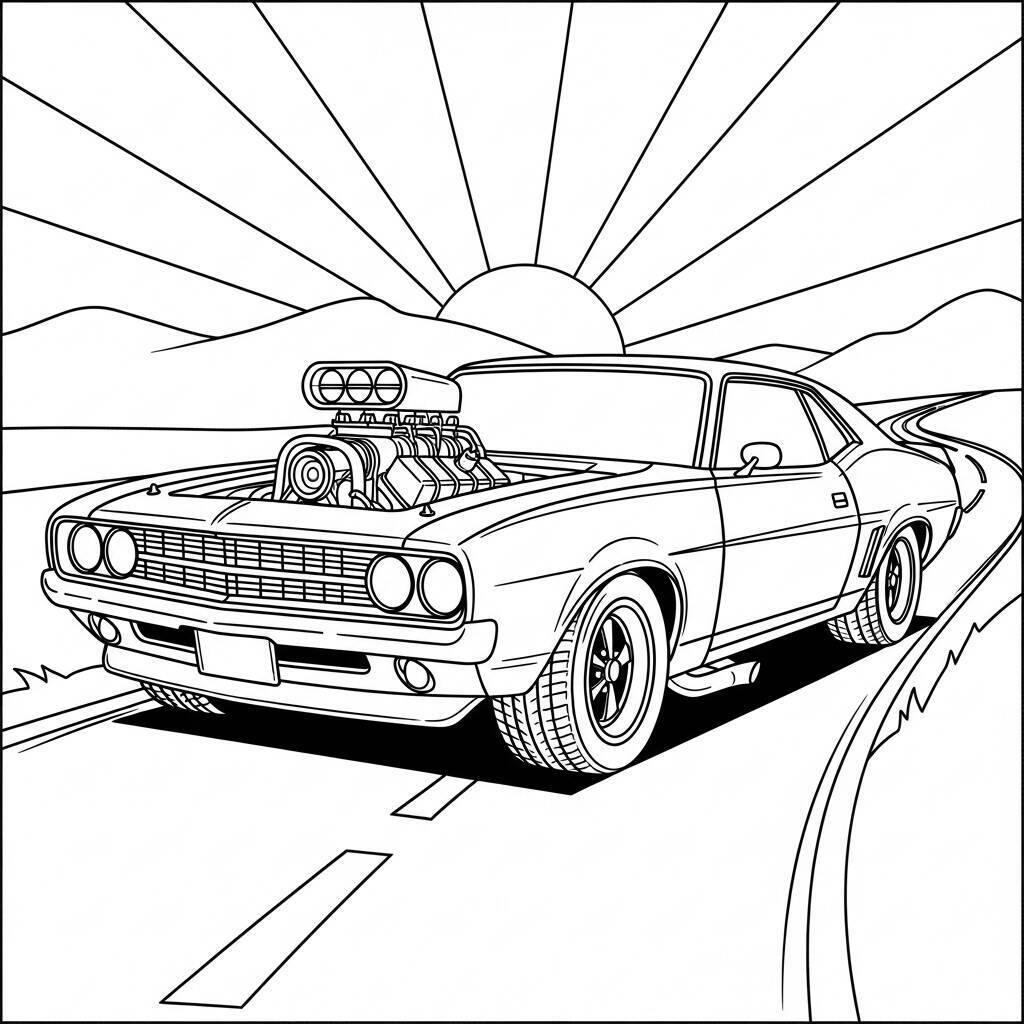 Ausmalbild „Auto auf der Straße“.
