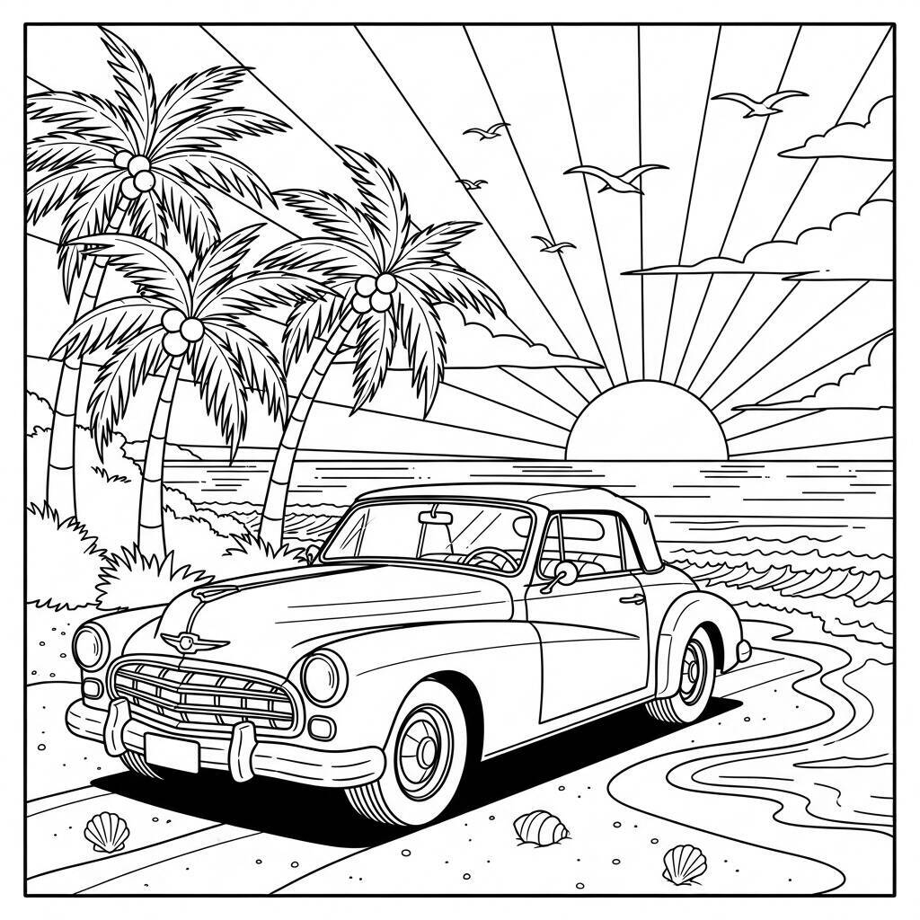 Ausmalbilder „Auto am Strand“.