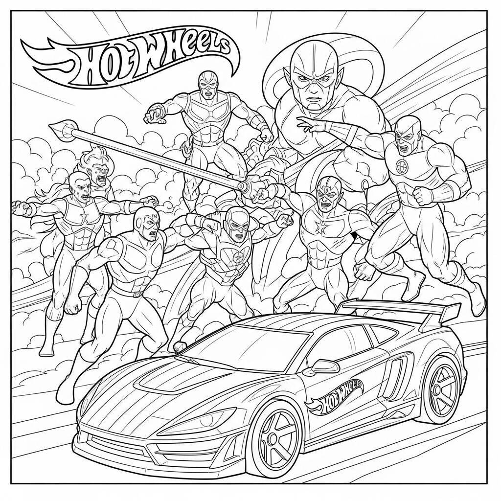 Desenho de Carros Hot Wheels e Super-Heróis para Colorir