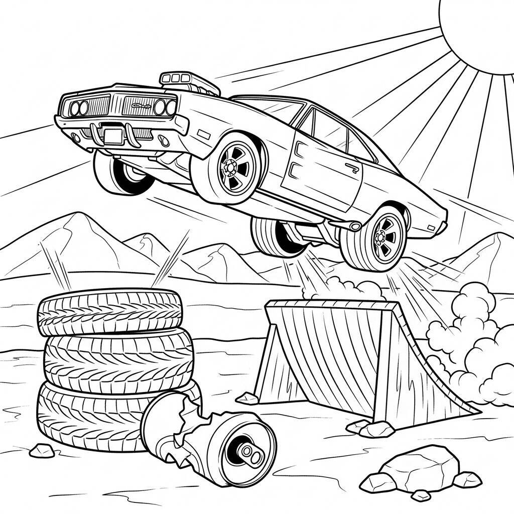 Desenho de Carros Hot Wheels em Ação para Colorir