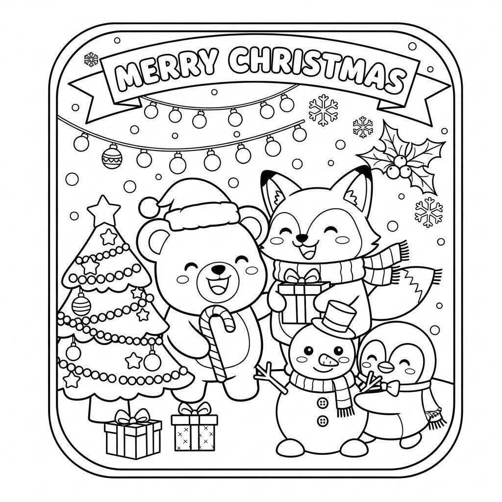 Coloriage de carte de Noël Kawaii