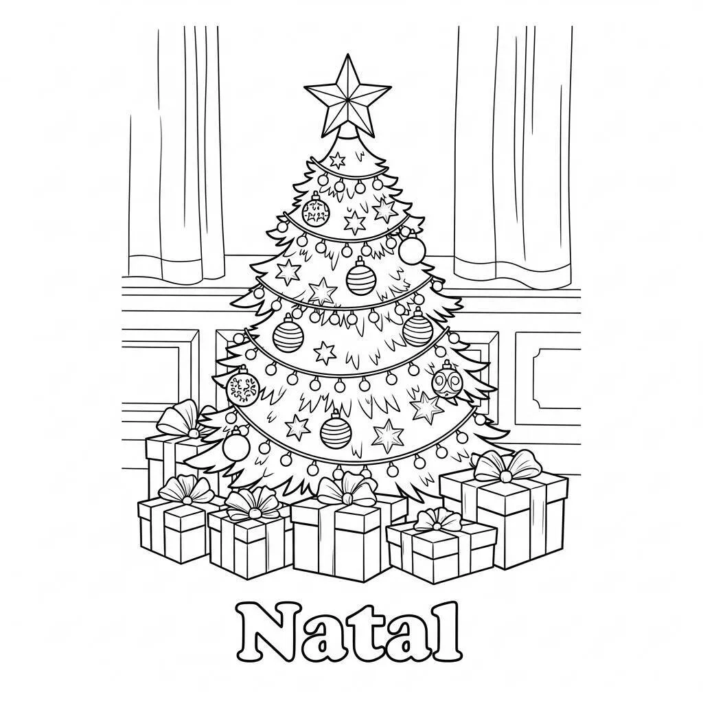 Desenho de Cartão de Natal com Árvore para Colorir