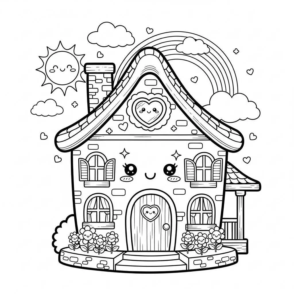 Desenho de Casa Kawaii para Colorir