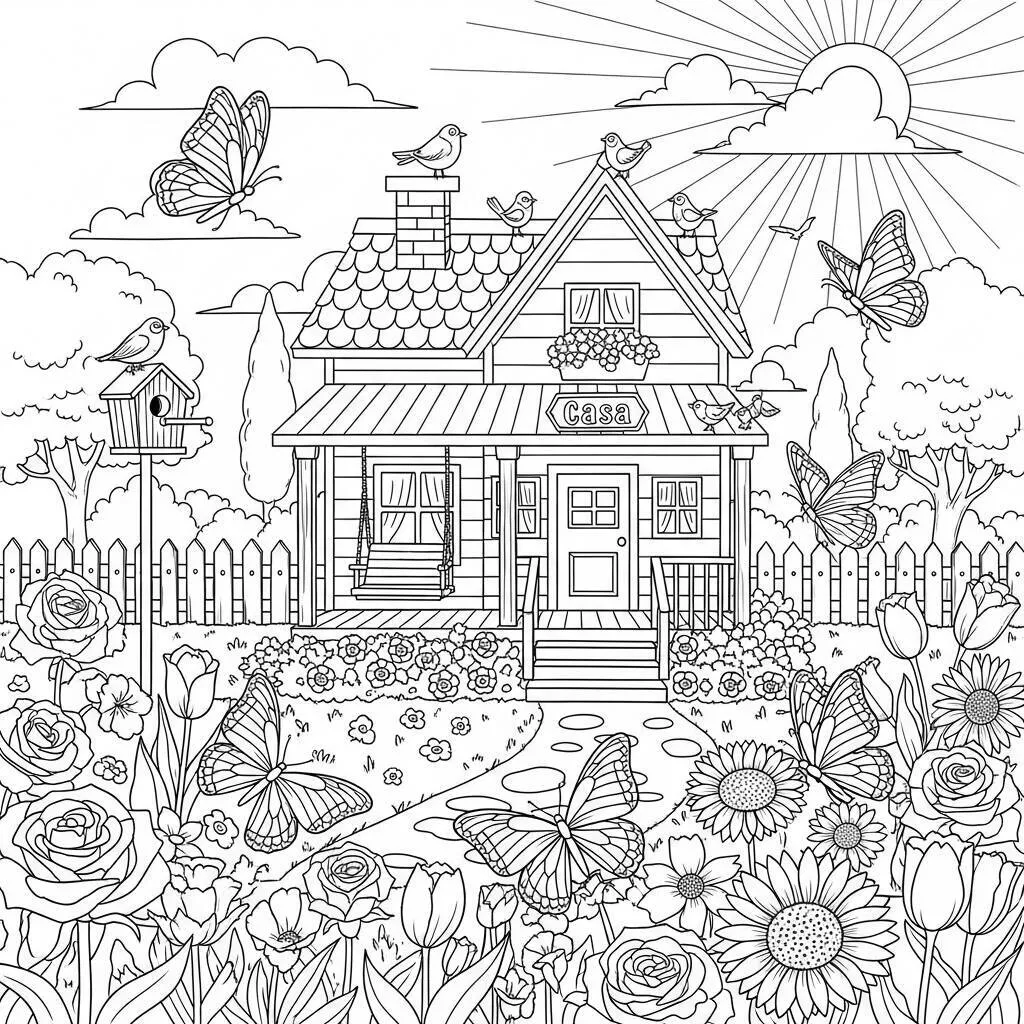 Desenho de Casa com Jardim para Colorir