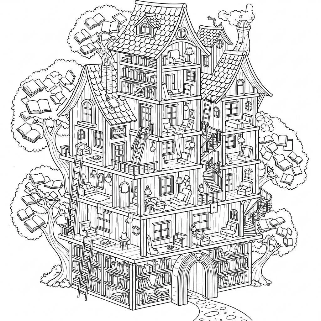 Desenho-de-Casa-de-Livro-para-Colorir Desenho de Casa de Livro para Colorir